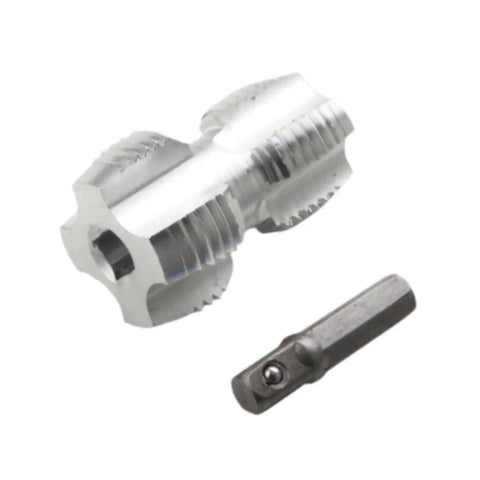 Heavy Duty Metal Pvc Pipe Threader Kit With Four And Six Point Dies For 20Mm And 26Mm Lines, featuring a chrome finish hex tap.
