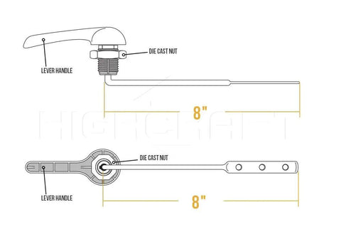 Diagram of Chrome Toilet Tank Flush Lever Handle With Metal Nut 8 Inch Arm Length Replacement Kit, showing dimensions and parts.