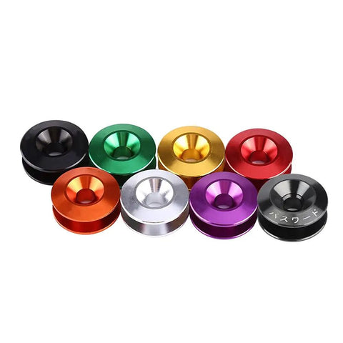 Colorful universal bumper quick release kits for cars; aluminum, various colors, used for front and rear trunk fasteners.