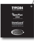 Medallion Gourmet Series Undermount Stainless Steel Kitchen Sink With Large Single Bowl Satin Finish Strainer Included Easy Installation 18 Gauge T 304 Scratch Resistant And Easy To Clean warranty and features image showing Type304, SpecPlus Edge, StoneGuard, and lifetime warranty