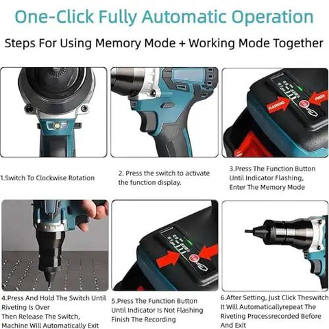 One-Click Fully Automatic Operation steps for Heavy Duty Cordless Rivet Nut Gun With M3 To M12 Insertion Heads And 26V 5200Mah Rechargeable Battery Two Pack.