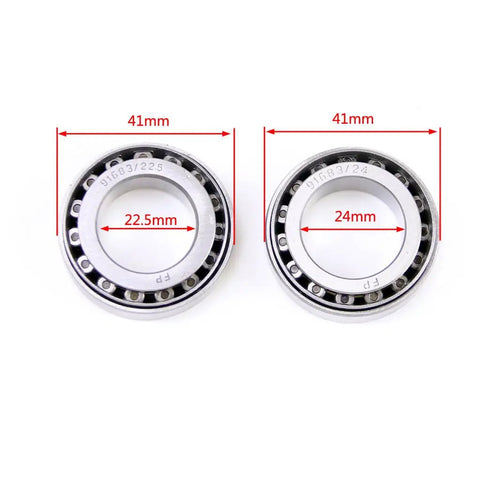 Two metal bearings, 41mm outer diameter, one with 22.5mm and the other with 24mm inner diameters marked in red.