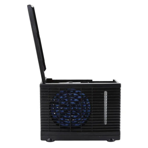 Compact 12V Car And Home Mini Air Cooler With Evaporative Water Cooling And Two Speed Switches side view showing sturdy design and fan.
