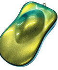 Fire Colorshift Paint Basecoat Midcoat One Gallon 128 Ounce Ready To Spray Mix With Slow Reducer shows vivid green and gold holographic shifts.