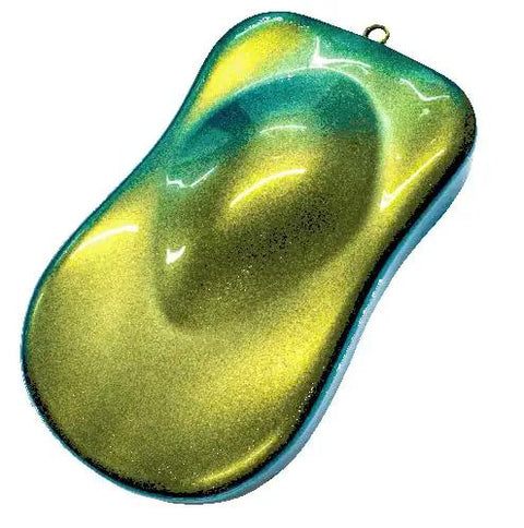 Fire Colorshift Paint Basecoat Midcoat One Gallon 128 Ounce Ready To Spray Mix With Slow Reducer shows vivid green and gold holographic shifts.