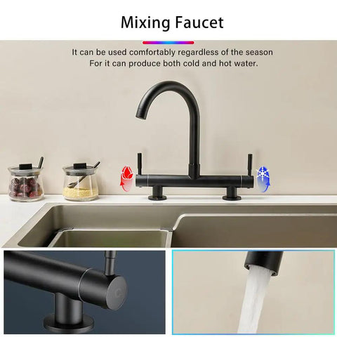 ZBSAVFM Mixer Tap Faucet with 360° Swivel Spout, 180mm Centers, black finish, deck mounted, dual lever controls.