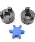 Built Tough L Shaped Plum Servo Motor Coupling Featuring Star Flex Design High Torque Transfer Knockout Precision showing two black couplings and a blue star flex.