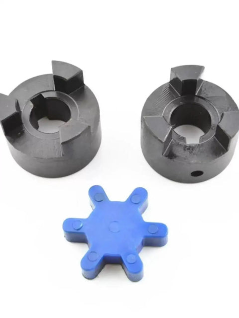 Built Tough L Shaped Plum Servo Motor Coupling Featuring Star Flex Design High Torque Transfer Knockout Precision showing two black couplings and a blue star flex.