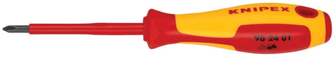 Close-up of 1000V insulated screwdriver handle and tip, red/yellow, from 8 Piece 1000V Insulated Screwdriver Set. Suitable for electrical work.