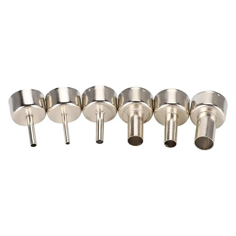 Stainless Steel Hot Air Rework Nozzle Kit For SMD Soldering And PCB Maintenance, 6-Piece Set displayed in a row
