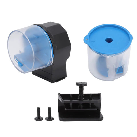 Straight Up Automatic Fish Feeder And Aquarium Food Dispenser parts including hopper, black mount, and screws.