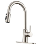 Smooth Operator Brushed Nickel Kitchen Faucet With Pull Down Sprayer providing three versatile flow settings and a flexible swivel spout.