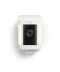 Ring Spotlight Cam Plus battery-powered security camera, white, front view with vertical LED light panels.