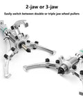 Heavy Duty Hydraulic Gear Puller With 2 Or 3 Jaw Grips And 19.6 Inch Opening for wheel bearings and brake drums, showing 2-jaw and 3-jaw configurations.