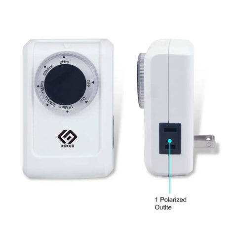 Two Pack 24 Hour Indoor Light Countdown Timer With Polarized Outlet Easy Hookup For Small Appliances And Holiday Decorations 15 Amp UL Certified Auto Run Switch Sets Up In No Time, showing timer dial and polarized outlet.