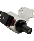 Side view of a silver CVT transmission stepper motor with black connector and mounting flange