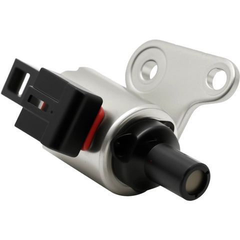 Side view of a silver CVT transmission stepper motor with black connector and mounting flange