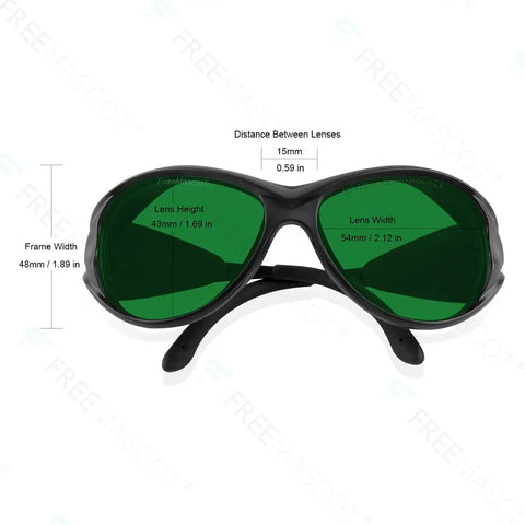 Top Shelf Pro Grade Dual Band Laser Safety Glasses With Heavy Duty Optical Density Shielding For Violet Red And Infrared Lasers, green lenses, 48mm frame width.