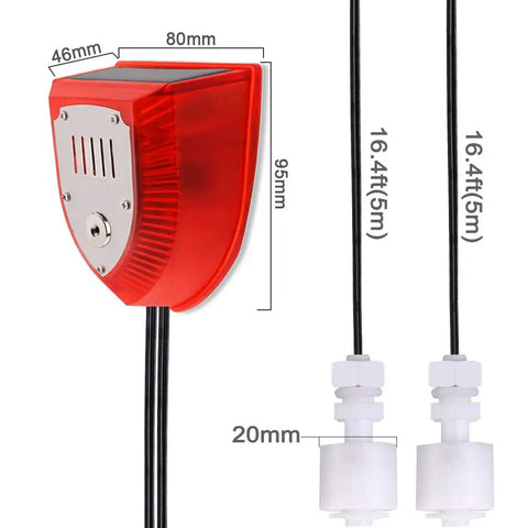 Dual probe All Weather Water Level Alarm with solar power, 129 dB red strobe siren and 16.4ft detect cord, IP55 waterproof