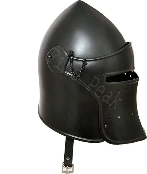 Old School Visored Barbuta Black Helmet For LARP SCA Cosplay Medieval Knight Templar Viking Battle Armor Barbute Helmet Side View