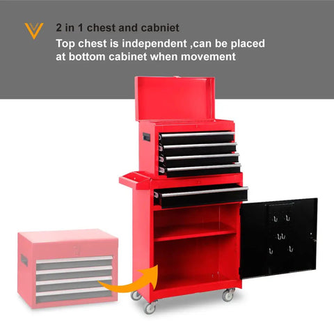 Five Drawer Rolling Tool Chest With Lockable Cabinet On Heavy Duty Wheels For Garage And Workshop Detachable