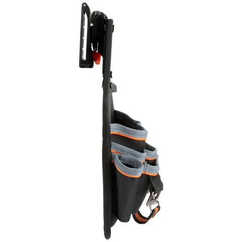Side view of 8 Pocket Electrician Tool Pouch for quick attach and release on tool belts and MODBox rail system, black fabric.
