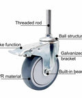Heavy Hitter Industrial Swivel Casters With M16 Threaded Stem And Zero Hassle Dual Brake System Featuring Built Different Silent TPR Rubber Wheels For Heavy Trolleys And Garage Gear 4 Pack close-up showing threaded rod, TPR material, and brake function.