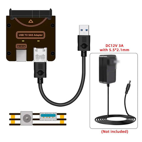 SAS To USB 3.0 Hard Drive Adapter With Built-In Chipset, 29Pin SFF-8482 To 5Gbps USB 3.0, Power Port, No RAID Card Needed, Easy Plug-And-Play Access For SAS Drives, Requires 12V/3A Power Supply, cable included