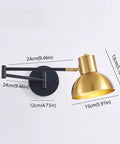 Badass Industrial Metal Swing Arm Wall Sconce With Rock Solid Adjustable Dome Shade And E27 Socket Hella Sturdy For Bedroom Reading Vibes And Slick Black Brass Finish Modern Wall Lamp dimensions displayed