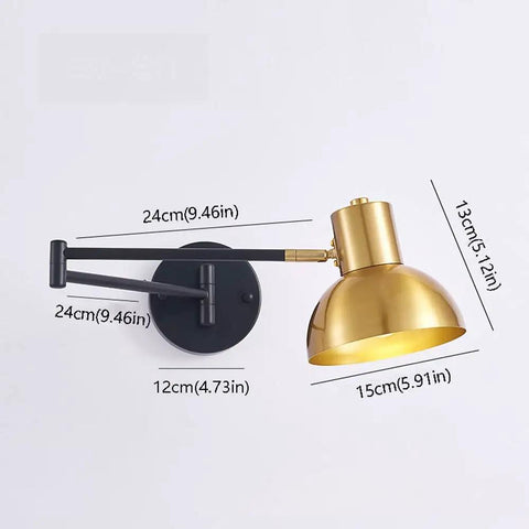 Industrial Metal Swing Arm Wall Sconce With A Sleek Dome Shade And Knockout Build For Cozy Bedroom Or Living Room Reading Vibes E27 Socket Modern Wall Fixture Black Brass Finish, dimensions visible.