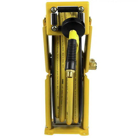 Front view of Double Arm Hose Reel With Half Inch By Fifty Foot Premium Rubber Air Hose, heavy-duty steel construction