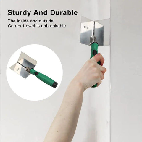 Person using Pro Grade Drywall Corner Tool With Non Slip Handle Stainless Steel Angled Corner Trowel For Plastering