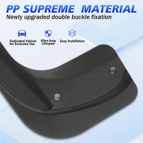 Tesla Model 3 Mud Flaps Set Of Four Front And Rear Splash Guards Custom Fit 2024 To 2026 PP supreme material close-up showing installation.