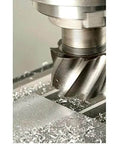Close-up of 2-1/4 in dia HSS RH shell end mill, 1-1/2 in LOC, in milling setup
