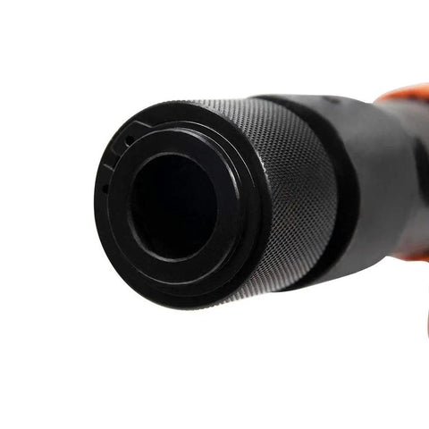 Close-up of Long Barrel Air Hammer with Quick Change Chisel Retainer, showcasing the durable metal construction and textured grip.