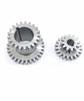 2 Speed Hi Low Metal Double Gear Set For CJ0618 Series Mini Lathe Metal Cutting Machine Durable 45 Carbon Steel Module M2.25 Precision Gearing For DIY Shop Projects. Two steel duplex gears on white background.