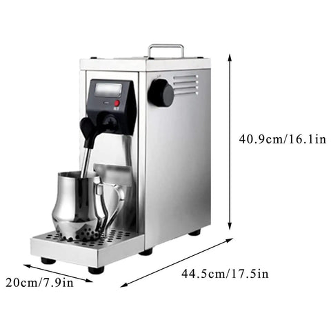 Hassle Free Automatic Espresso Maker With Quick Milk Frother And Programmable Timer Keeps Coffee Warm Solid Silver Design side view with dimensions 40.9cm x 44.5cm.
