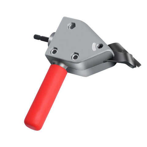 Power Sheet Metal Shear Drill Attachment Metal Cutter Head For 12 Volt Drills shown with red handle and cutting blade for precision metal work.
