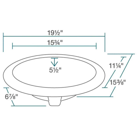 Dimensions diagram of Porcelain White Bathroom Sink Overmount Oval Basin With Overflow Vitreous China Finish Easy Topmount Install.