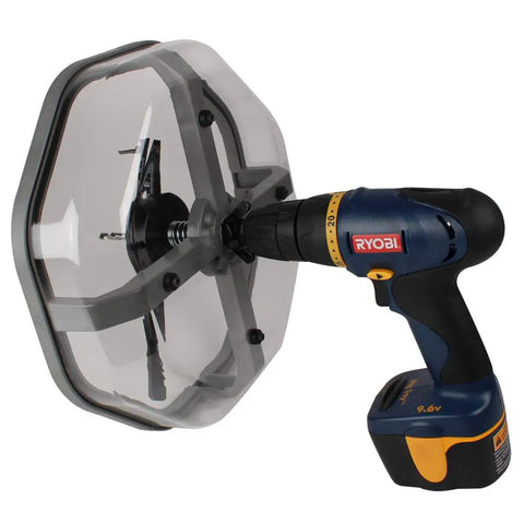 Pro Grade Multi Size Hole Cutter Kit With Dust Bowl attached to power drill for cutting sheetrock, plywood, acrylic, metal