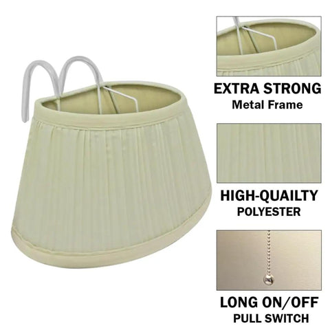 Over The Bed Reading Lamp With Soft Cream Pleated Fabric Shade And No Fuss Easy On Off Pull Cord Eye Friendly Bedside Light Great For Reading Knitting Puzzles And Late Night Chats In Bed Mounts Above The Headboard, showing cream polyester shade, metal frame, and pull switch.