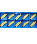 Blue plastic organizer tray holding ten yellow indexable carbide grooving inserts.