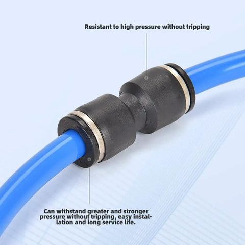 Close-up of Blue PU Air Line Tubing Kit with one quarter inch OD and one sixth inch ID showing a connection fitting
