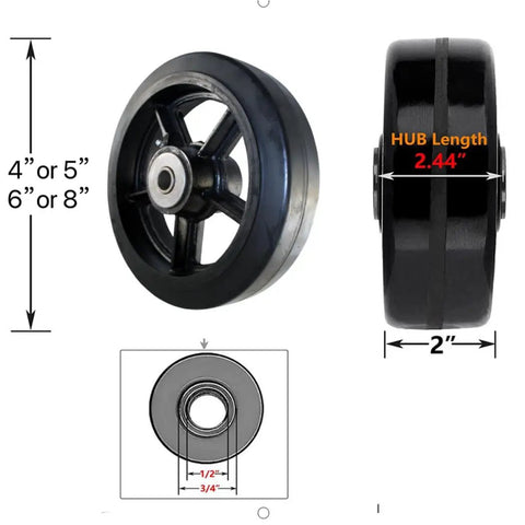 Rock Solid Heavy Duty Rubber On Cast Iron Industrial Caster Wheels For Trash Containers And Commercial Dumpsters With Straight Stem Roller Bearings Black Six Inches Wide side view with dimensions