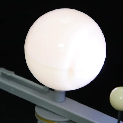 Sun Earth Moon Model For Classroom, Hands On Astronomy Teaching Tool, Orbital Simulator Demonstrating Day And Night, Seasons, Moon Phases, And Planetary Motion. White plastic globe on gray stand, classroom astronomy model.