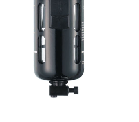Close-up of Inline Moisture Trap And Water Separator Filter For Compressed Air, 1 Inch FNPT, Aluminum Body, Industrial Grade, black design.