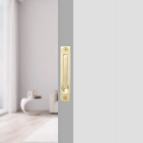 Pocket Door Edge Pull 4 Inch Flush Mount Handle In Brushed Brass Satin Brass Finish With Stainless Steel Construction And Mounting Hardware