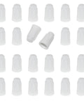 Top view of 25 white ceramic wiring caps for AWG22-14 high-temperature crimp connectors