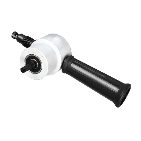 Double Head Sheet Metal Cutter Nibbler Drill Attachment with 8mm Chuck for Electric and Pneumatic Drills, shown at a side angle