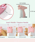 No Sweat Heavy Duty Handheld Sewing Gun Quick Clothing Repair Tool Featuring Pink Grip and fastener kit with detailed needle replacement guide.